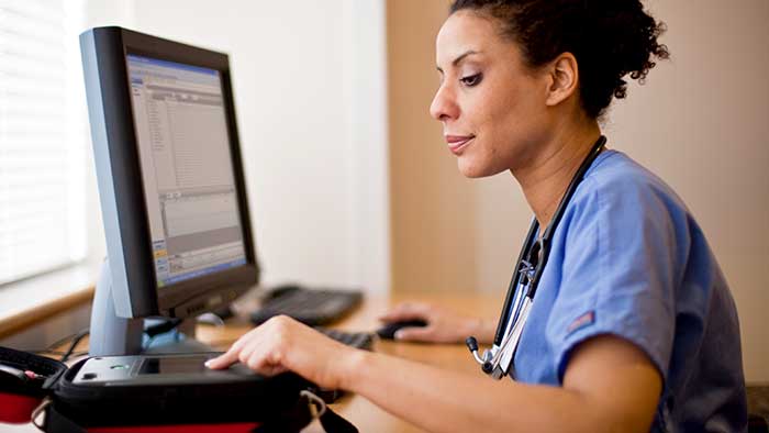Healthcare worker types notes on her computer