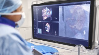 Cardiologist using Clinician demonstrating real-time imaging echo and x-ray image fusion
