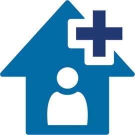 Person inside house with plus sign icon