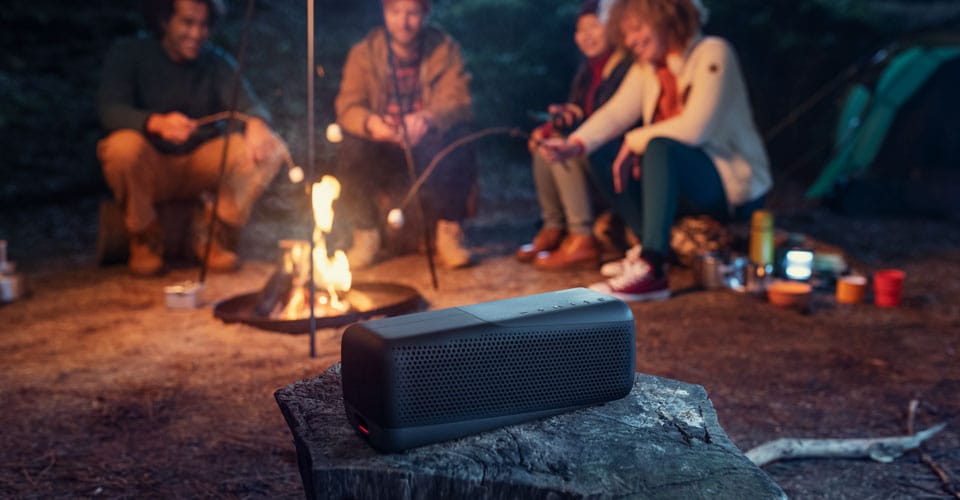 Philips S7807 durable bluetooth speaker in use while camping