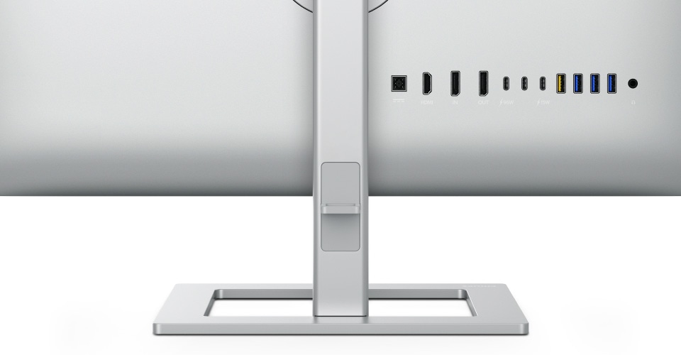 zoomed in view of the rear of a Philips 27E27901 monitor with USB-C port and multiple peripheral ports for KVM switch functionality.