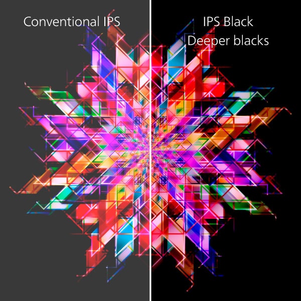 IPS black comparison with conventional IPS showing high contrast and deeper blacks
