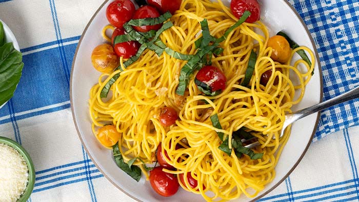 Carrot Spaghetti with Blistered Cherry Tomato Sauce