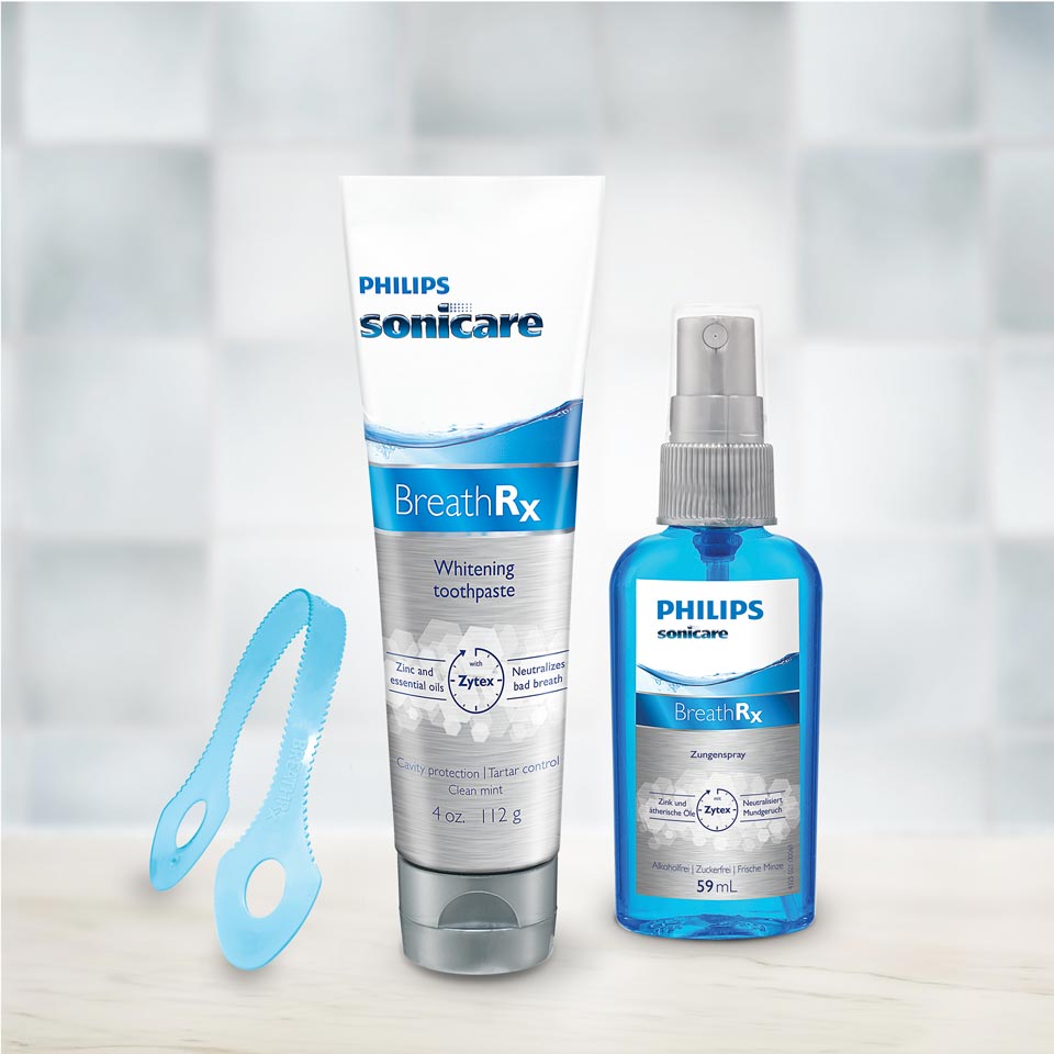 Sonicare BreathRX solutions arranged on a countertop