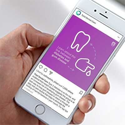 A phone featuring a social media post discussing the link between oral care and diabetes