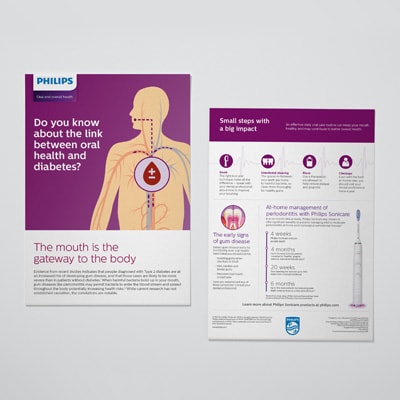 The front and back of a flyer featuring information about oral care and diabetes