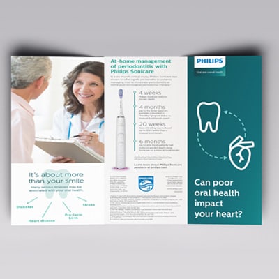 An unfolded brochure about oral care and heart health
