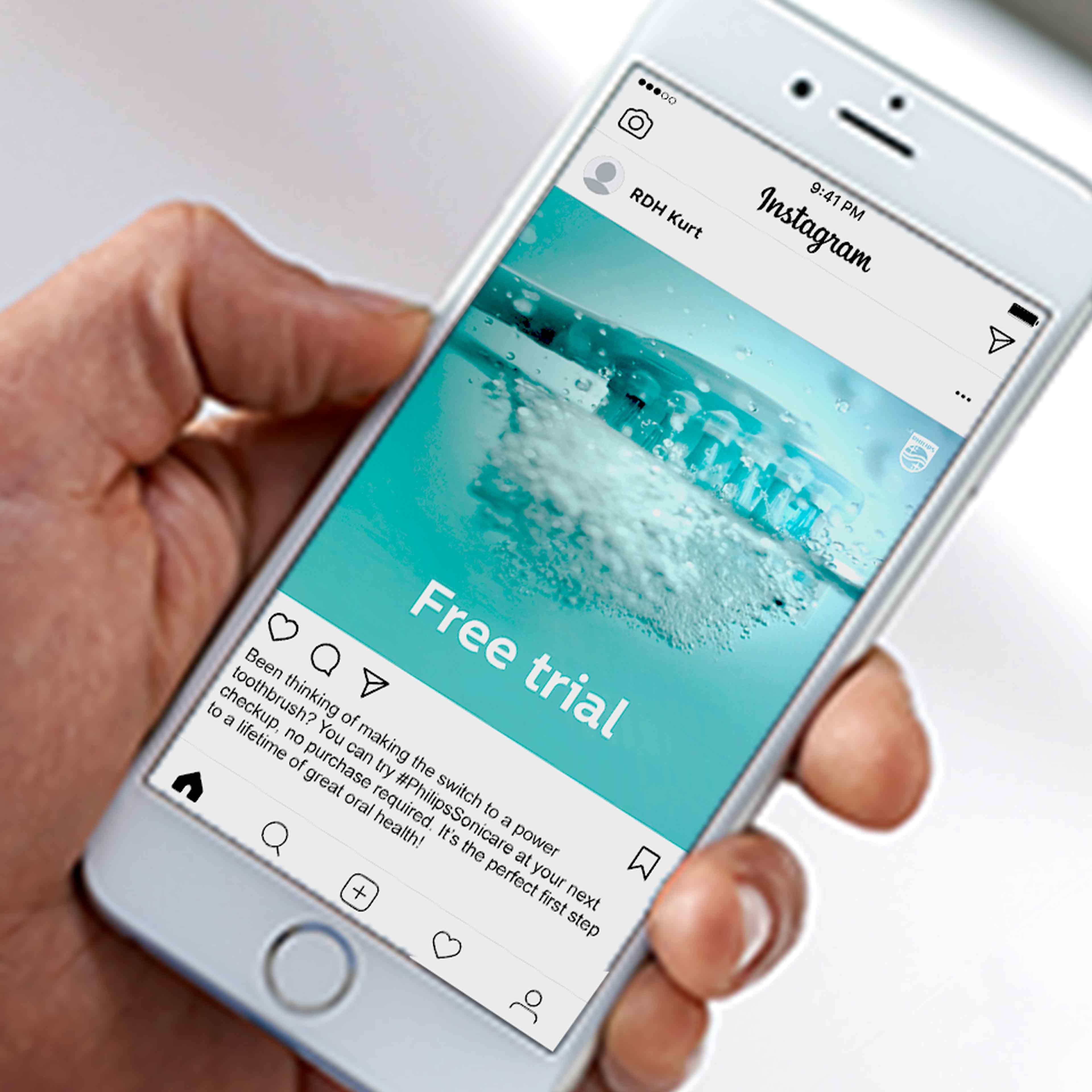 A hand holding a phone featuring a post about the in-office trial program