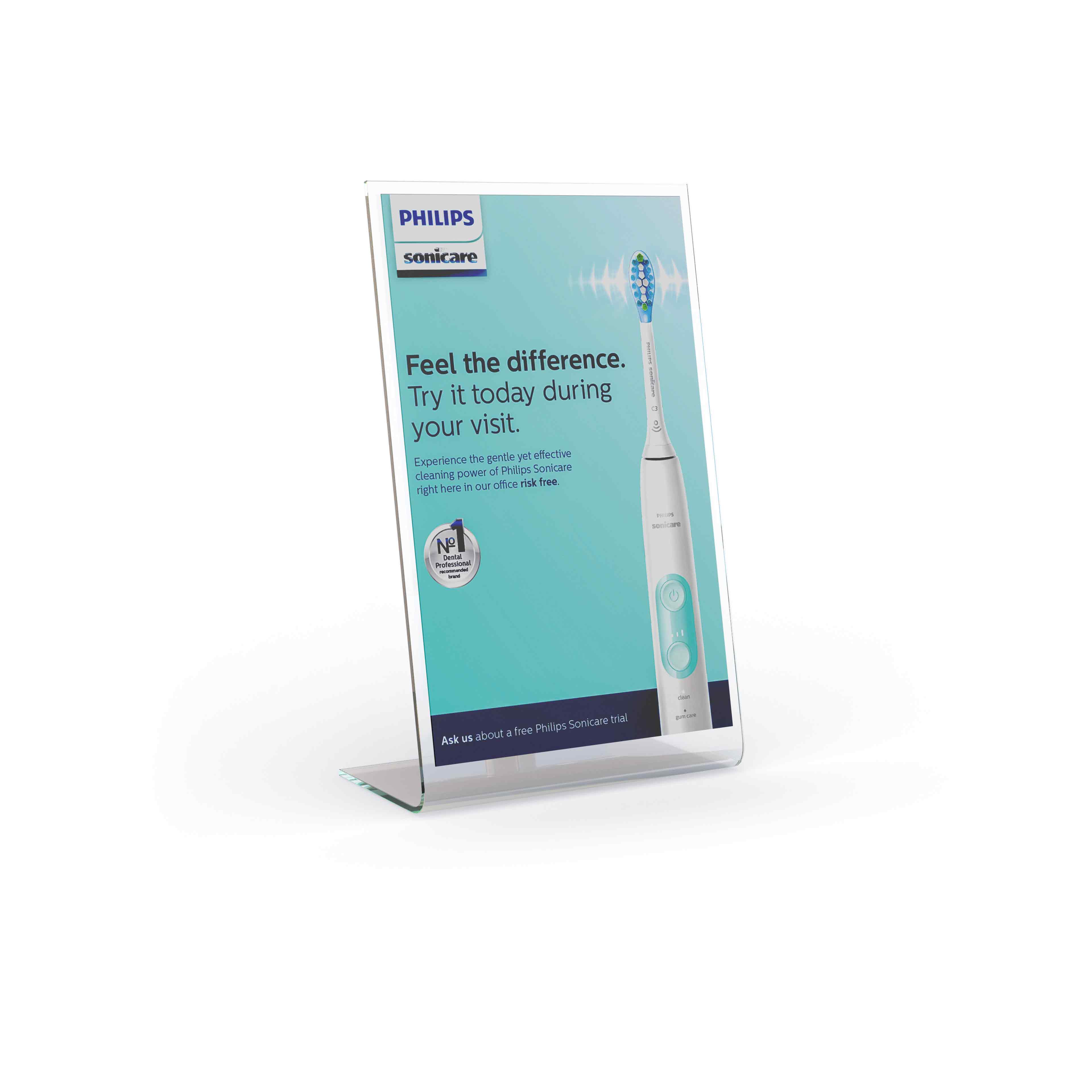 A counter card promoting the in-office trial program