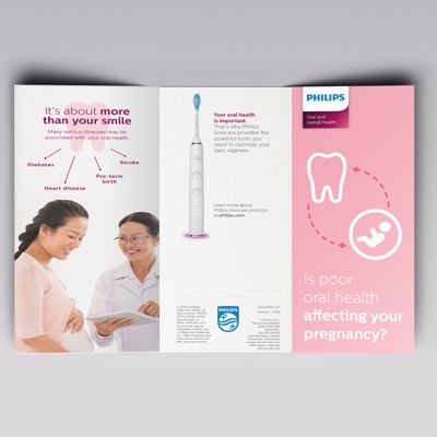 An unfolded brochure about oral care and pregnancy