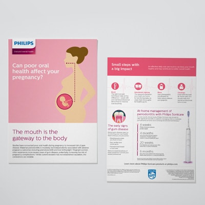 The front and back of a flyer featuring information about oral care and pregnancy