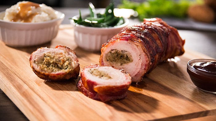 Bacon Wrapped Turkey Breast with Savory Herb Stuffing
