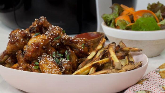 Sesame Chicken Wings and Sweet Potato Fries