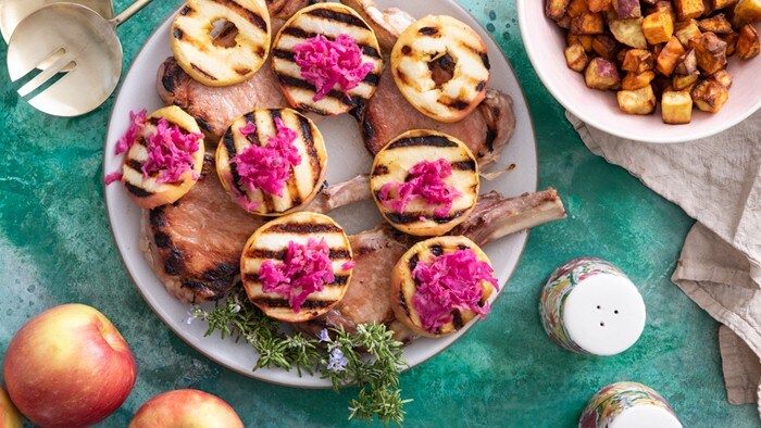 Grilled Brined Pork Chops with Grilled Apples and Sauerkraut