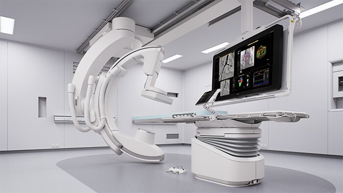 Download image (.jpg) Philips Azurion with FlexArm with screen showing TAVI procedure (opens in a new window)